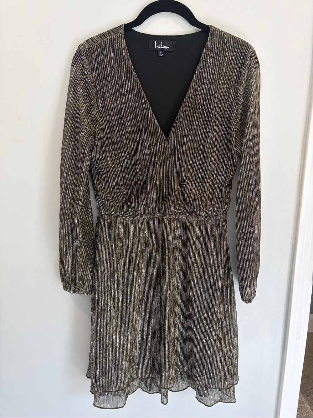 Lulu's Metallic Gold Pleated V-Neck Long Sleeve Mini Dress with ruffled bottom